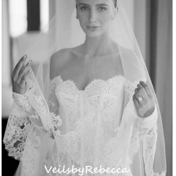 2 tiers wide Chantilly lace drop floating wedding veil in cathedral length, 2 l